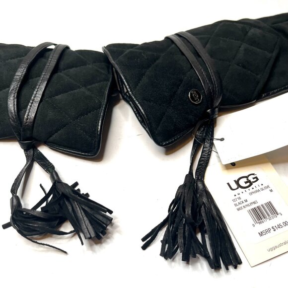 NEW UGG Black Quilted Leather Gloves Fringe Suede Wool Cashmere Lining Driving - Picture 5 of 9